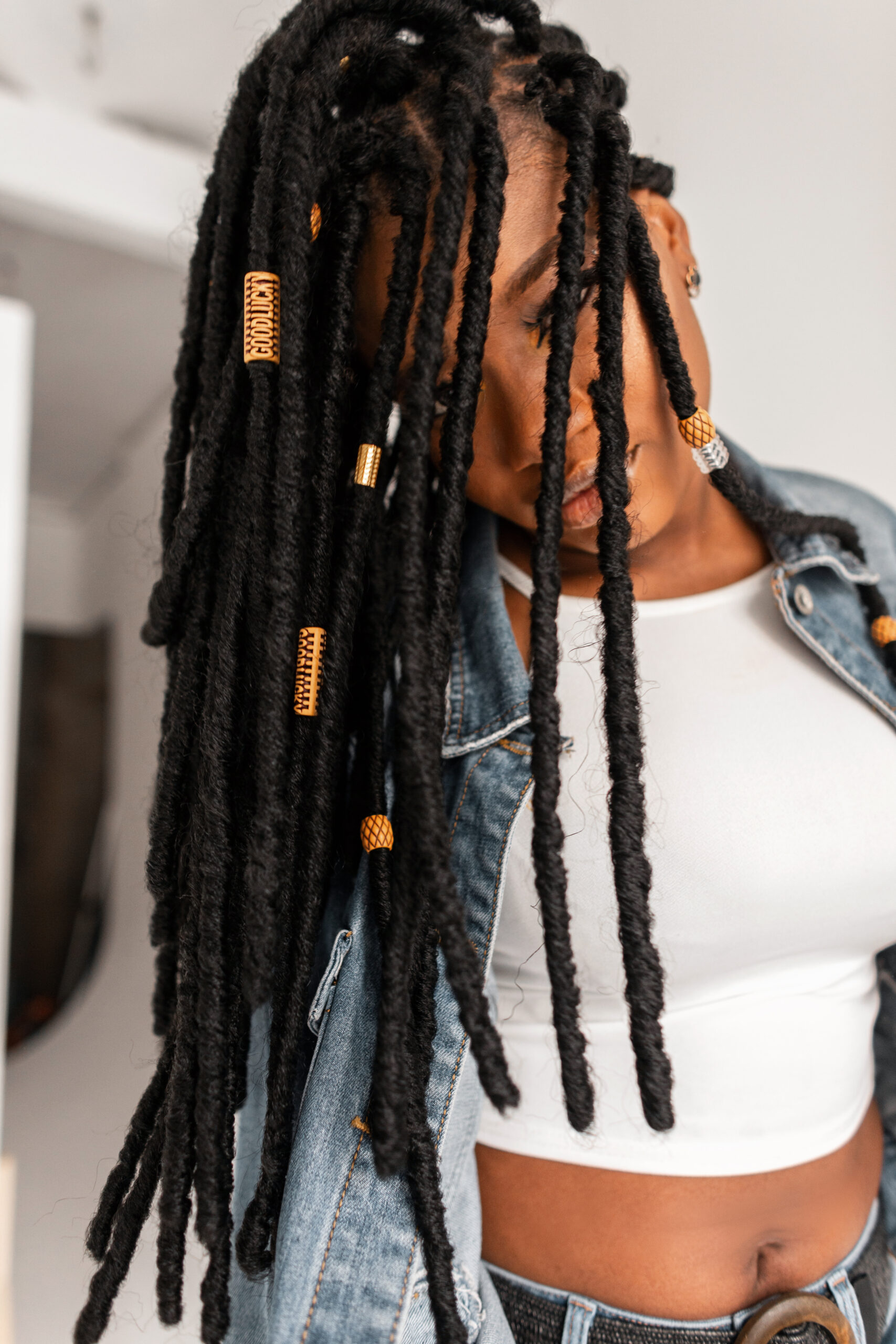 sexy pretty trendy african american woman in fashion blue casual